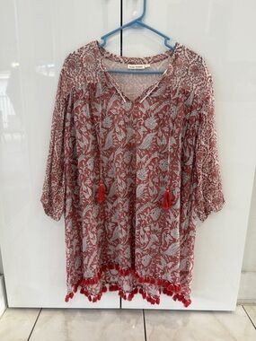 Roller Rabbit Red Floral Tassel Peasant Tunic